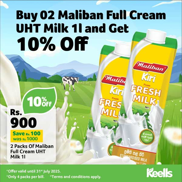 Get 2 packs of Maliban Full Cream UHT Milk 1l for just Rs. 900 and save Rs. 100!