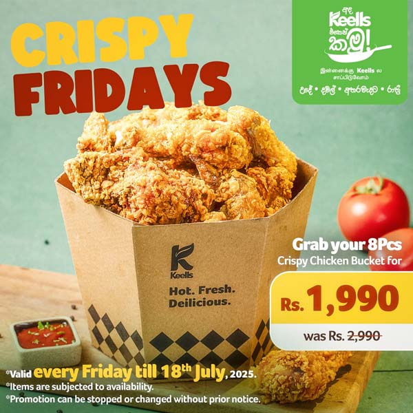 Enjoy our 8-piece Keells Crispy Chicken Bucket for just Rs. 1990 this Friday!