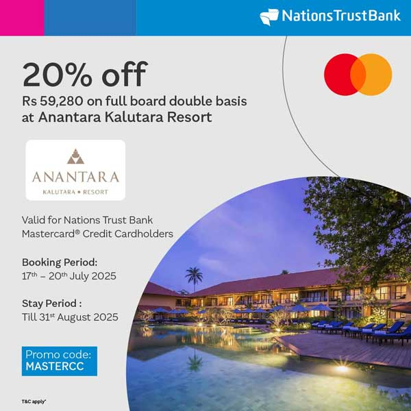Plan your next escape with 20% off your full board stay at Anantara Kalutara Resort, exclusively for Nations Trust Bank Mastercard Credit Cardholders.