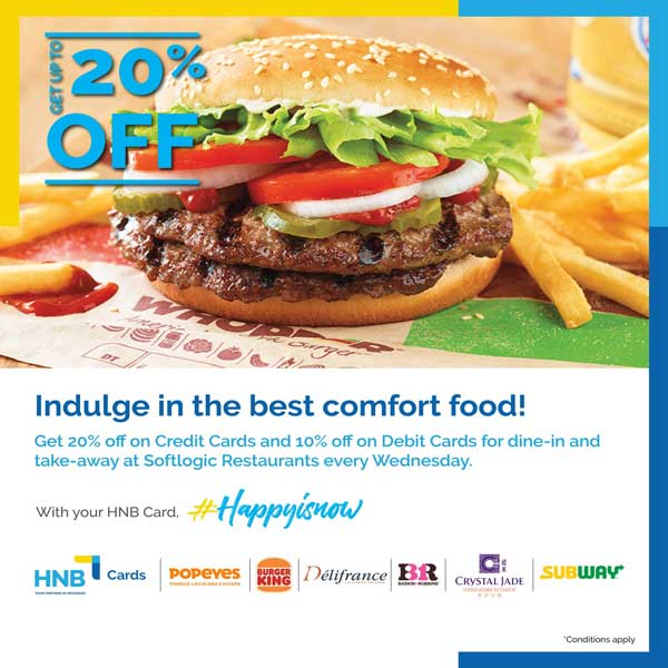 Enjoy 20% off on HNB Credit Cards @ Selected Restaurents