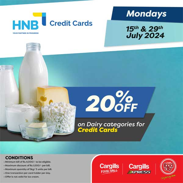 Get a 20% off dairy categories when you shop at your nearest Cargills FoodCity using your HNB Credit Cards!