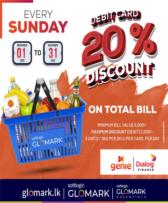 Enjoy a 20% Discount on Total Bill with genie Debit Mastercards by Dialog finance at Glomark every Sunday