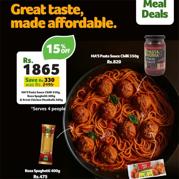 Roza Spaghetti, MA’s Chilli Pasta Sauce, and Krest Chicken Meatballs — all bundled at just Rs. 1865 (15% off)