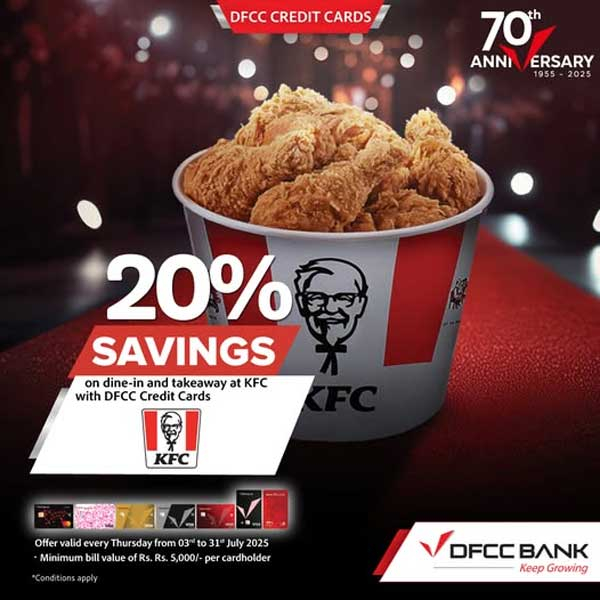 Enjoy 20% savings on dine-in & takeaway at KFC for bills above LKR 5,000 with DFCC credit cards
