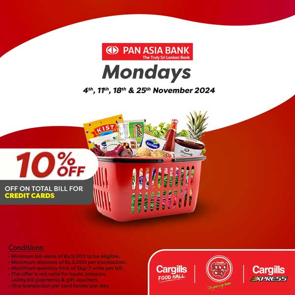 Get 10% OFF on Total Bill when you shop at your nearest Cargills Food City using your Pan Asia Bank Credit Cards