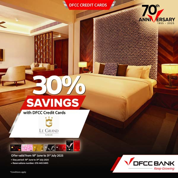 Enjoy 30% Savings on double & triple room bookings on half board & full board basis stays at Le Grand Galle with DFCC Credit Cards.