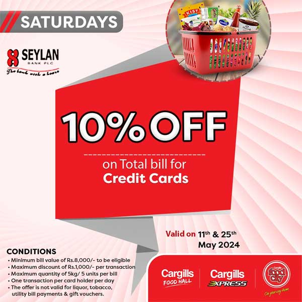 Get 10% off on total bill when you shop at your nearest Cargills FoodCity using your Seylan bank Credit Cards!