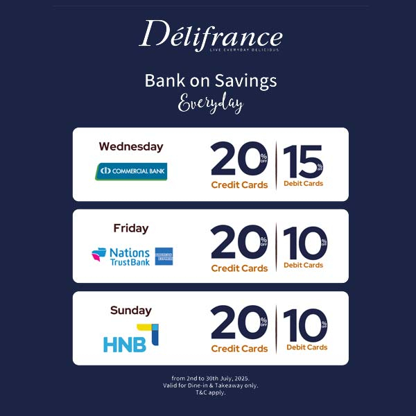 Get up to 20% OFF with your credit card and up to 15% OFF with your debit card when you dine at Delifrance