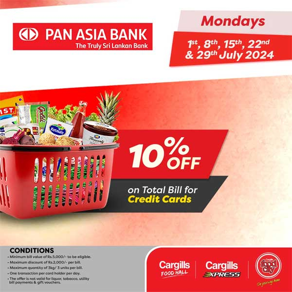 Get 10% off on total bill when you shop at your nearest Cargills FoodCity using your Pan Asia Bank Credit Cards!