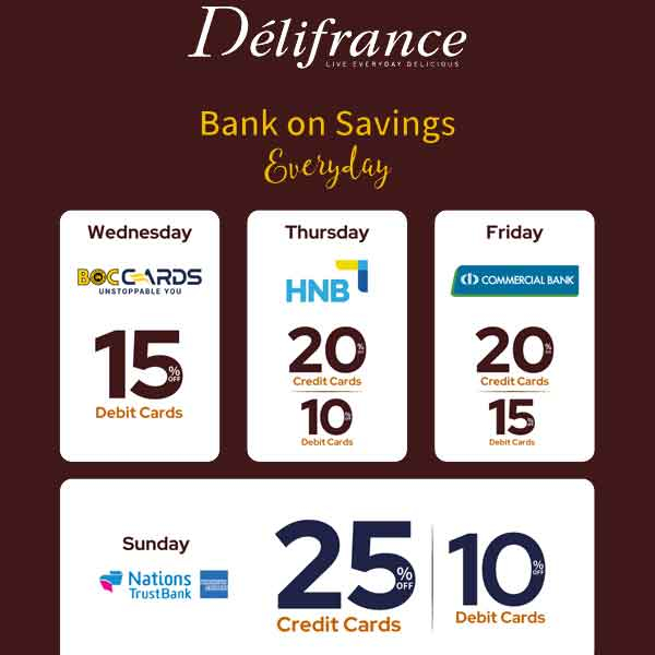Get up to 25% OFF with your credit card and up to 15% OFF with your debit card when you dine at Delifrance!