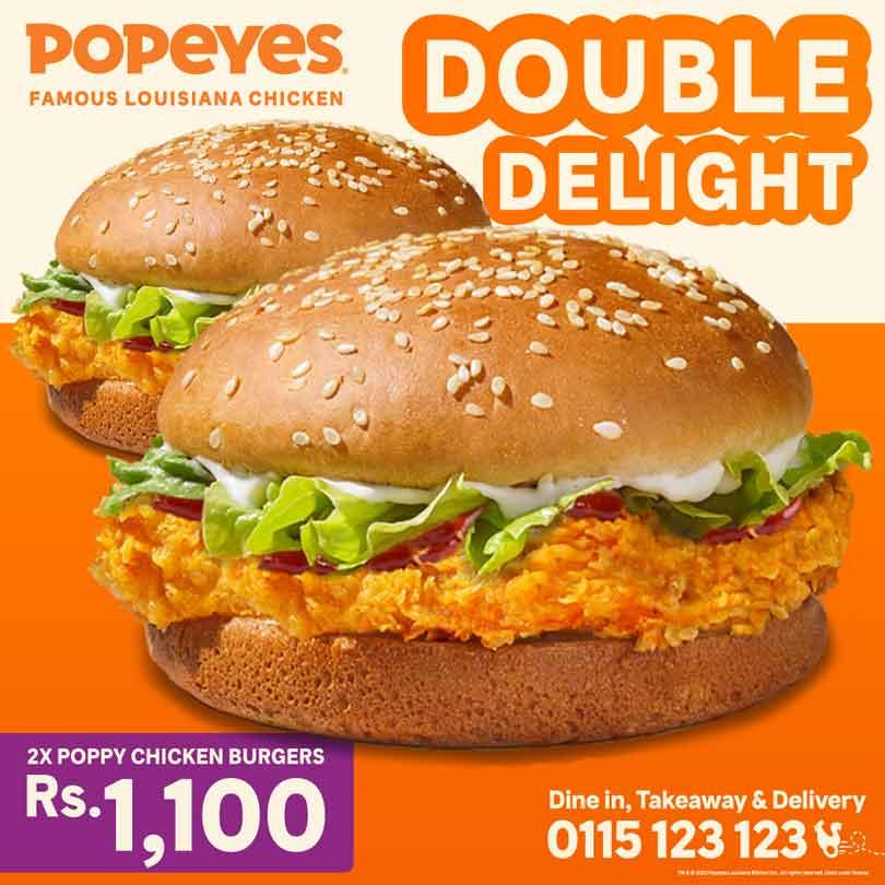 Get 2 delightful Poppy Chicken Burgers from Popeyes for just Rs.1,100