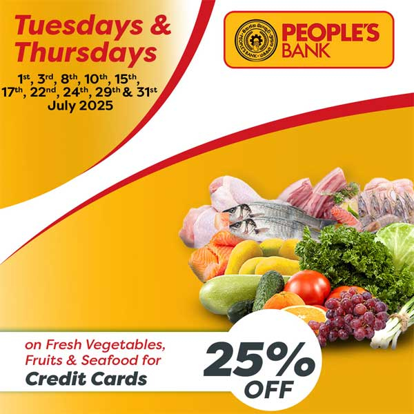 Get 25% off on fresh vegetables, fruits & seafood at Cargills Food City using your Peoples Bank credit cards!