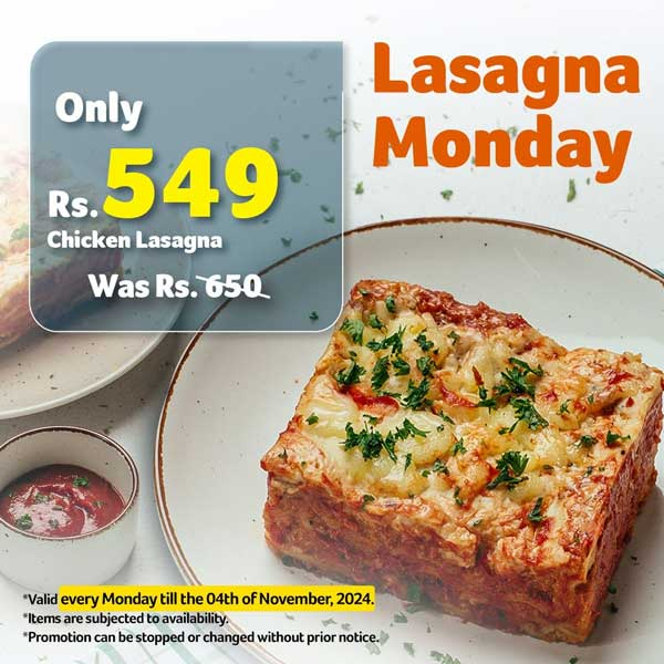 Our creamy, cheesy Chicken Lasagna is just what you need!Packed with rich flavours and available for only Rs. 549