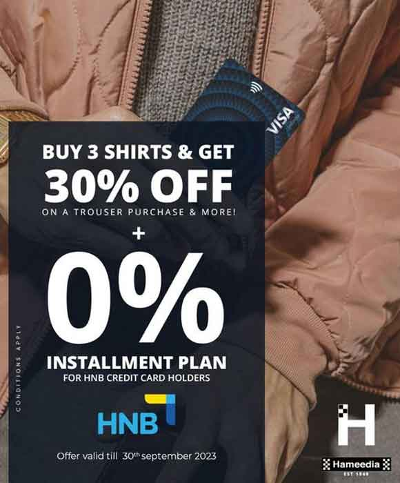 Buy 3 shirts & get 30% off on a trouser purchase & more @ Hameedia