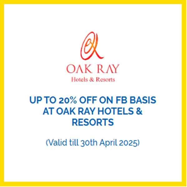 Enjoy up to 20% off on full board basis with HNB cards at Oak Ray Hotels & Resorts