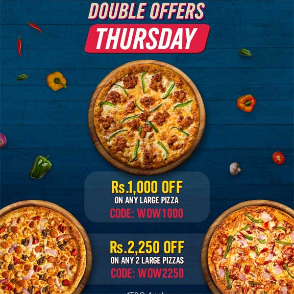 Get Rs. 1,000 OFF on any Large Pizza and Rs. 2,250 OFF on any 2 Large Pizzas