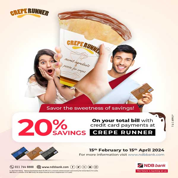 Enjoy 20% off your total bill when you pay with credit cards at Crepe Runner