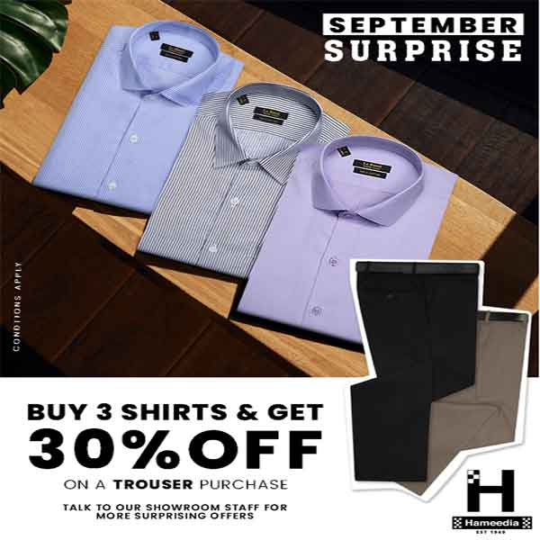 Buy 3 shirts & get 30% off on a trouser purchase & more! @ Hameedia