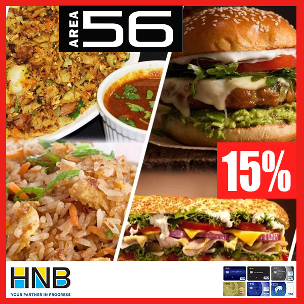 15% off on Foods for HNB Card Holders @AREA56