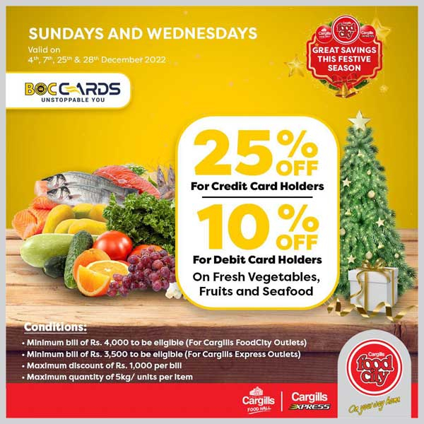 Get 25% Off  On Fresh Vegetables,Fruits and Seafood With you BOC Credit Card At Cargills FoodCity