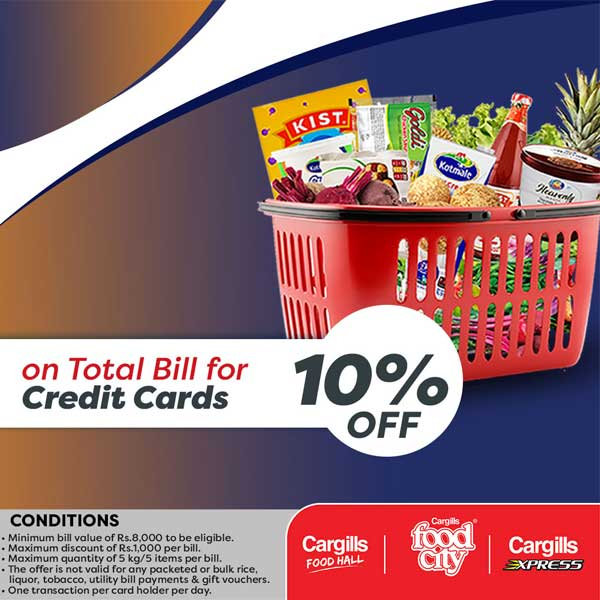 Get 10% off on total bill when you shop at your nearest Cargills Food City using your Union Bank Credit Cards!
