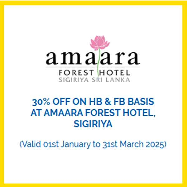 Enjoy a 30% off on HB & FB basis with HNB cards at Amaara Forest Hotel, Sigiriya