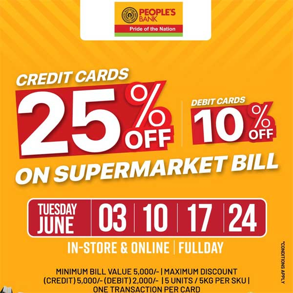 Enjoy 25% off with People’s bank credit cards and 10% off with debit cards on your bill @  Softlogic Glomark