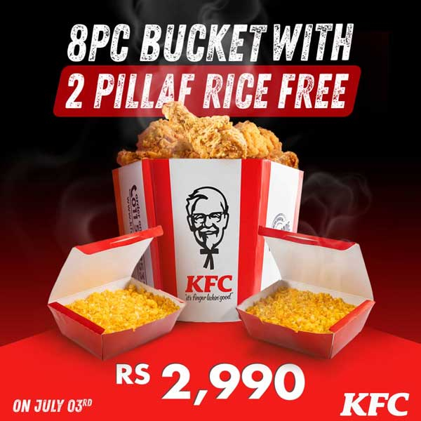 Enjoy KFC’s 08 Piece Hot & Crispy bucket with 2 pillaf rice FREE, for only Rs. 2,990