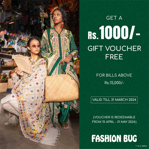 Get a free LKR 1,000/- gift voucher with any purchase of LKR 15,000 or above at any Fashion Bug