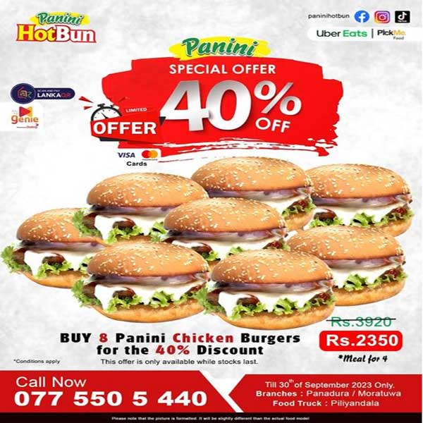 You can buy 8 Chicken Burgers for 490/- at a special price of 40% discount  @ Panini HotBun