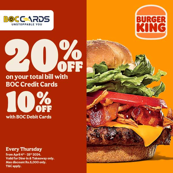 Enjoy a 20% discount on your total bill  @ Burger King