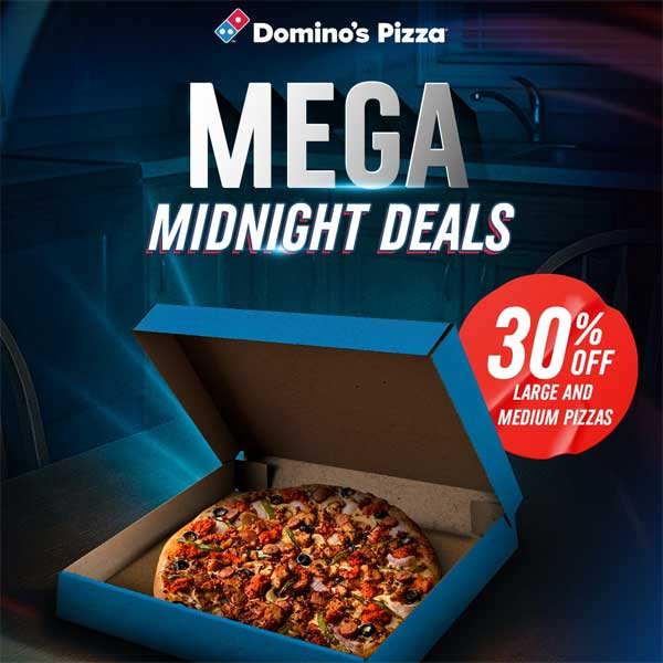 Get 30% off on large and medium pizzas from 11:00PM to 12:30AM @ Domino’s Pizza Sri Lanka