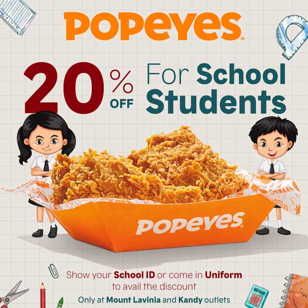 Enjoy a 20% discount at Popeyes Mount Lavinia & Kandy outlets