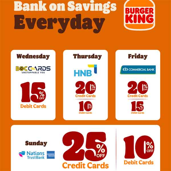 Get up to 25% OFF with your credit card and up to 15% OFF with your debit card when you dine at Burger King!