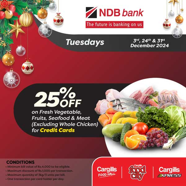 Get 25% OFF on Fresh Vegetables, Fruits & Seafood when you shop at your nearest Food City using your NDB Bank Credit Cards