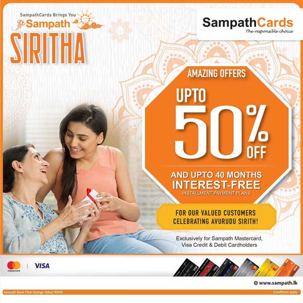 Enjoy up to 50% off and up to 40-month interest free installment payment plans on Sampath Mastercard