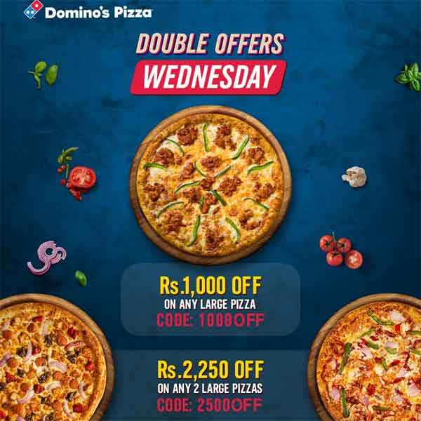Grab Rs. 1,000 OFF on 1 Large Pizza and Rs. 2,250 OFF on 2 Large Pizzas