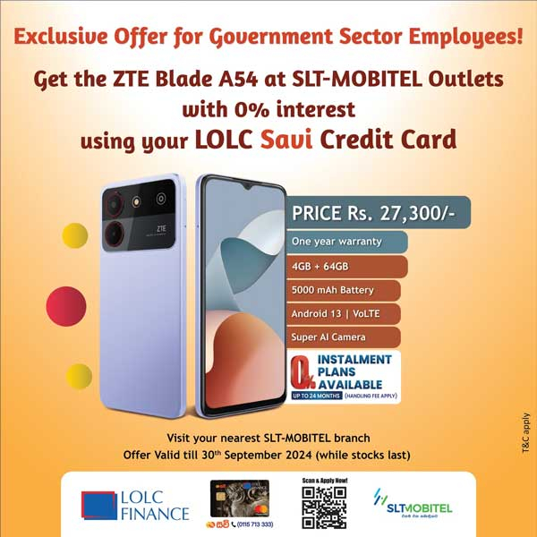 Get the ZTE Blade A54 at your nearest SLT-MOBITEL Outlets with 0% interest using your LOLC Savi Credit Card