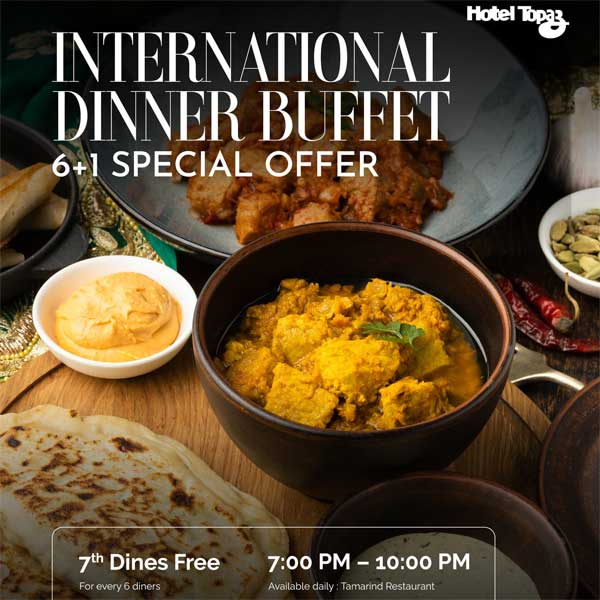 International dinner buffet: for every 6 diners, the 7th dines free at Hotel Topaz