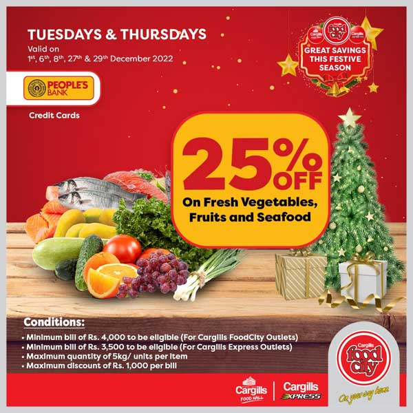 Get 25% off respectively on fresh vegetables, fruits, and seafood every Tuesday & Thursday