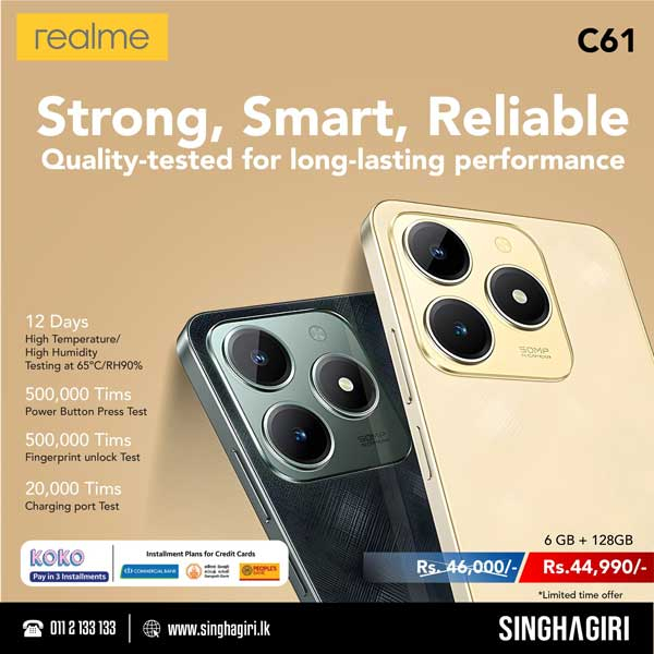 Tested for 500,000+ button presses, tough weather, and long-lasting use. Realme C61 – built to endure
