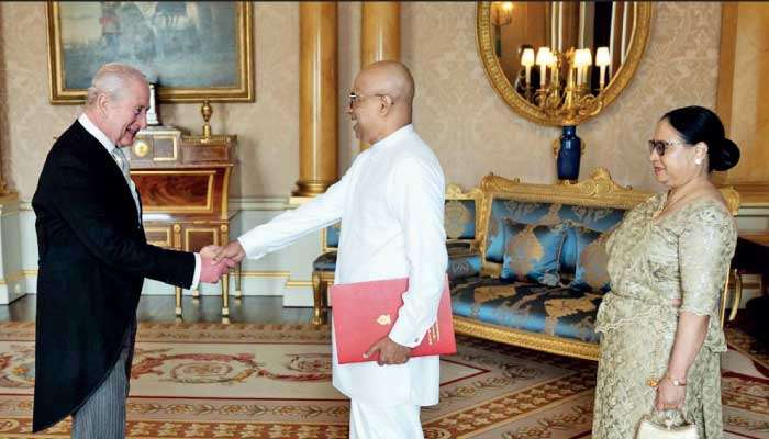 High Commissioner of Sri Lanka to the United Kingdom Nimal Senadheera presents credentials to His Majesty King Charles III