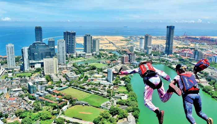 Base jumping show at Colombo Lotus Tower