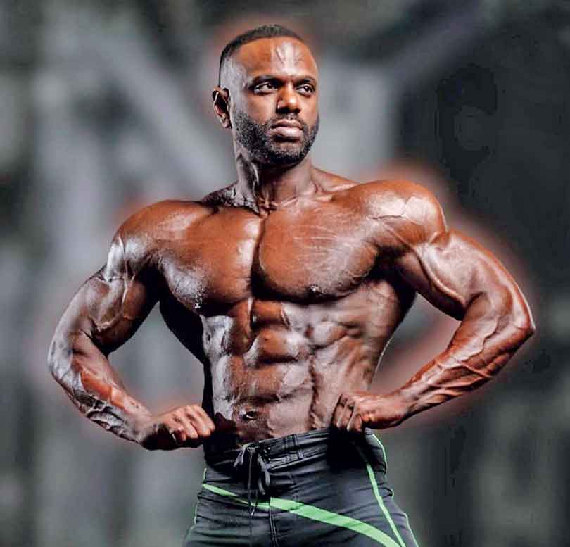 AI-generated illustration of a Sri Lankan Australian physique athlete on a bodybuilding stage with a trophy