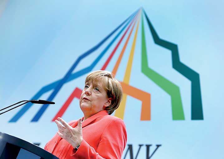 German Chancellor Merkel holds a news conference during G7 summit at Elmau Castle hotel in Kruen