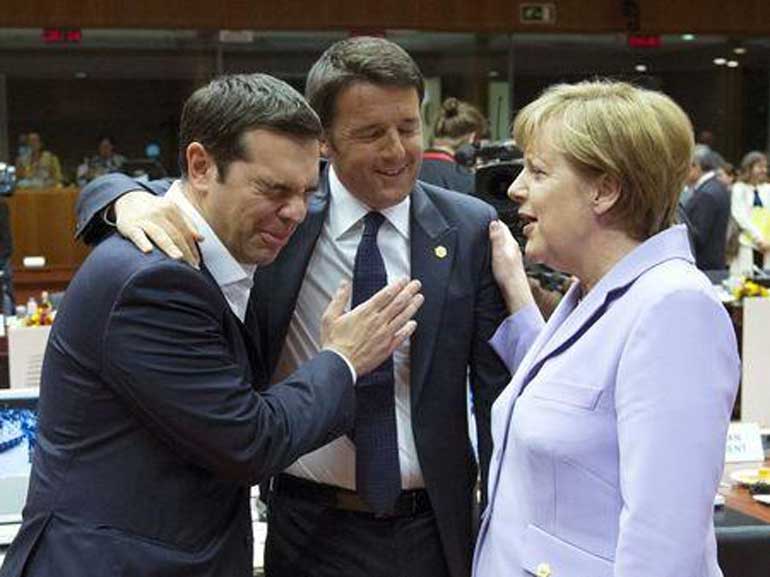 Greek Prime Minister Alexis Tsipras (L-R), Italian Prime Minister Matteo Renzi and German Chancellor Angela Merkel attend a European Union leaders summit in Brussels