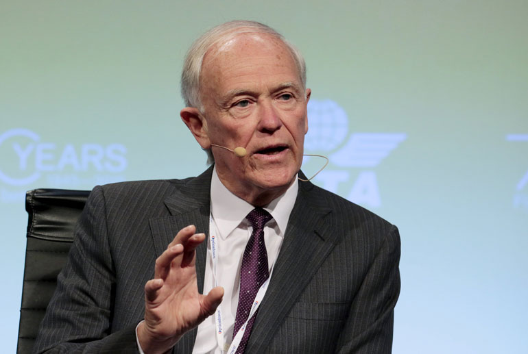 Tim Clark, President and CEO of Emirates Airlines speaks during a panel discussion at the 2015  International Air Transport Association (IATA) Annual General Meeting (AGM) and World Air Transport Summit in Miami Beach