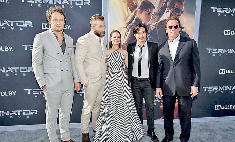 Cast members Clarke, Courtney, Clarke, Lee and Schwarzenegger pose at the premiere of "Terminator Genisys" in Hollywood