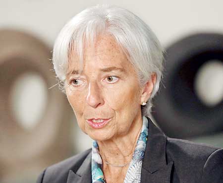 Lagarde sits for an interview at IMF headquarters in Washington