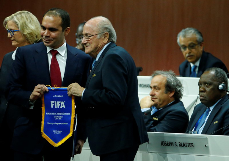 FIFA President Blatter stands with Prince Al Hussein of Jordan at the 65th FIFA Congress in Zurich